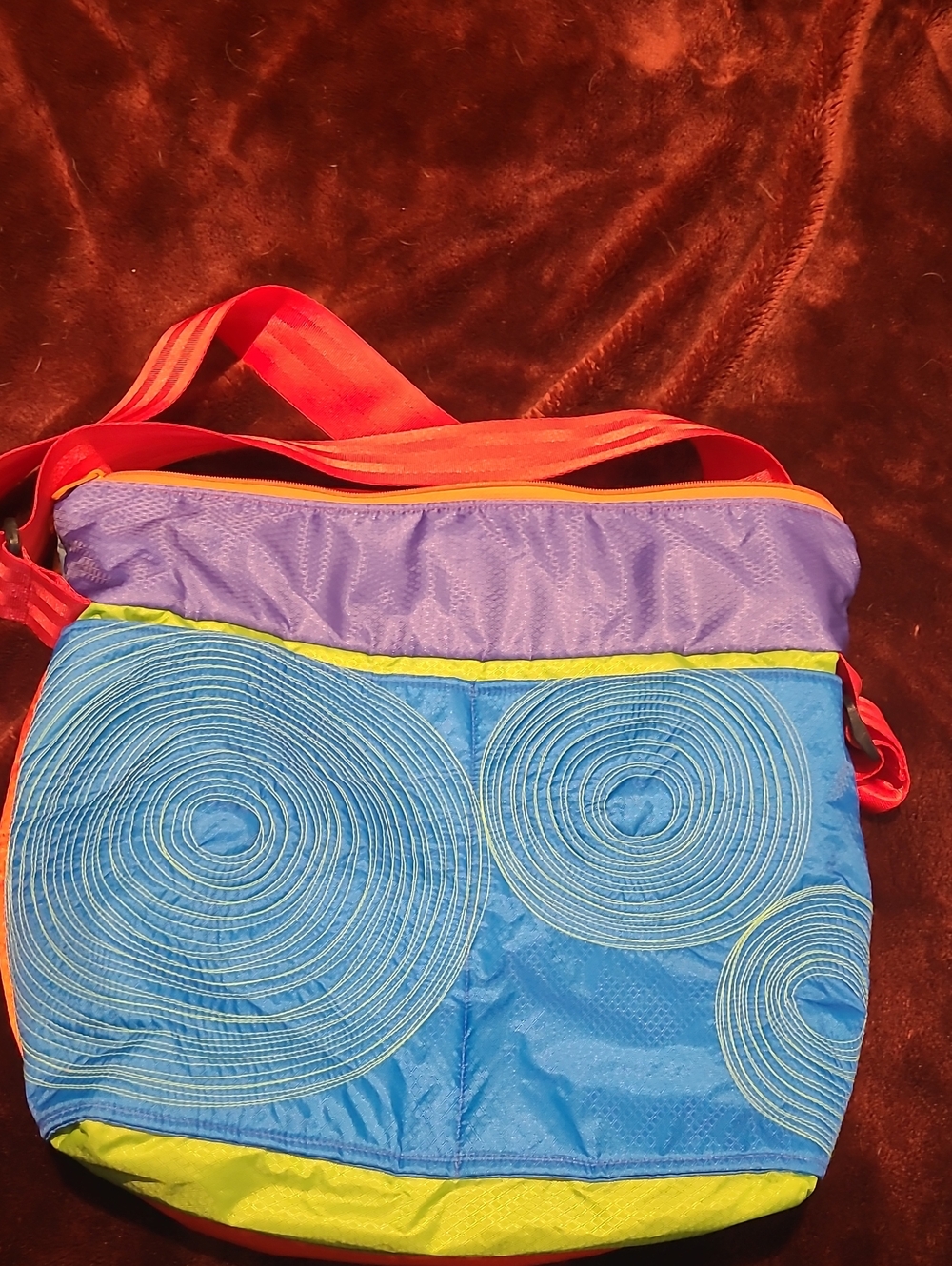 NWOT - Colourful Crossbody Bag Handmade with Red Seatbelt Strap